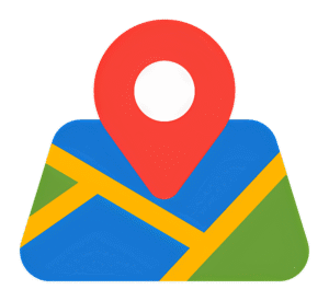 Google Maps icon featuring a red location pin over a stylized map with blue, green, and yellow road patterns.